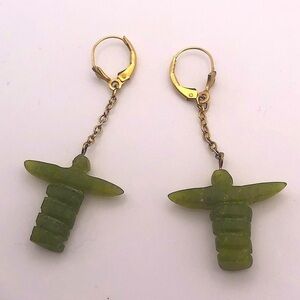 VTG 14k Gold & BC Canadian Nephrite Jade Inukshuk Totem Dangle Earrings 2.1”